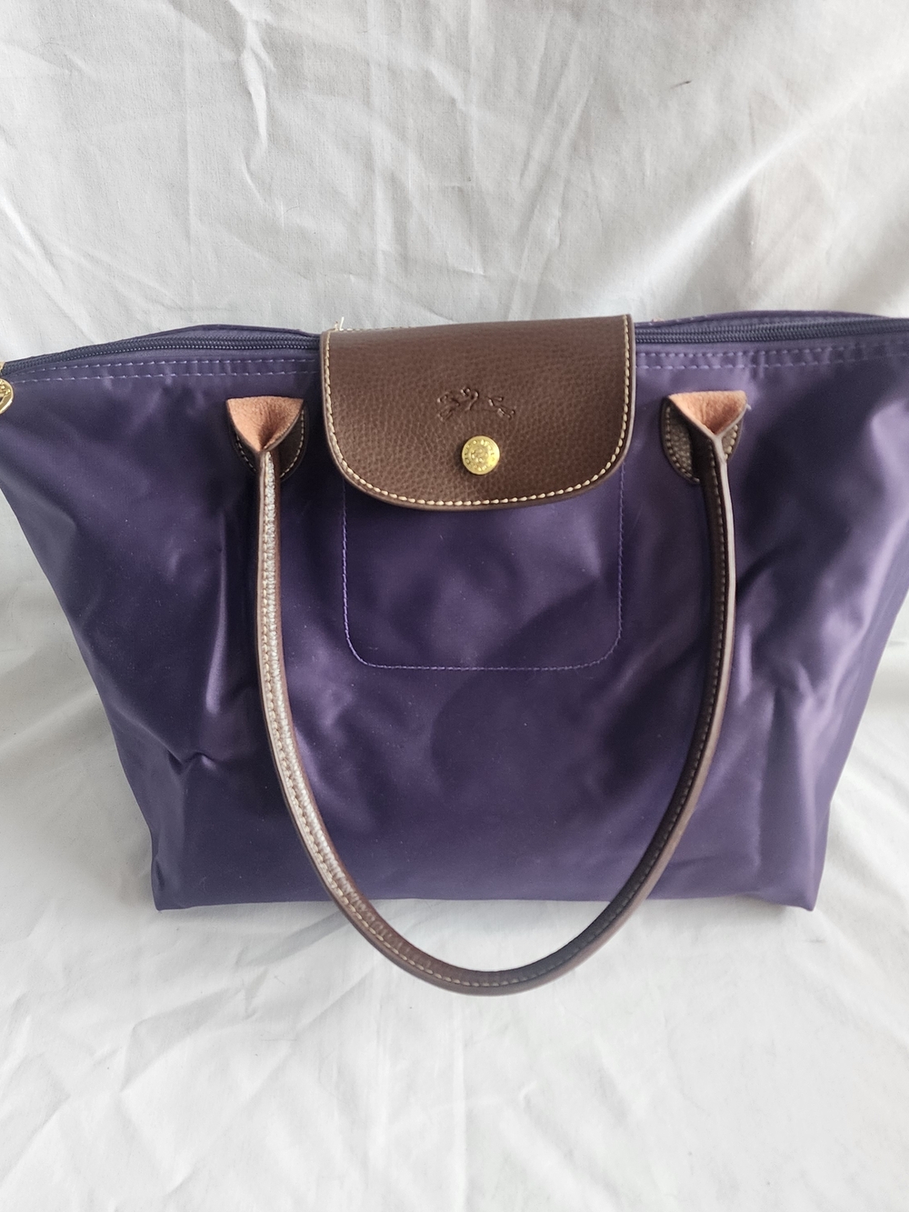 Longchamp Le Pliage Foldable Tote Purple Leather Handles Nylon Shoulder Bag